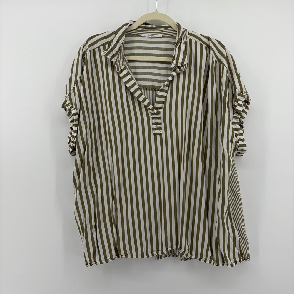 Jane Delancey Women's 2X Olive White Stripe Short Sleeve‎ Tunic Top